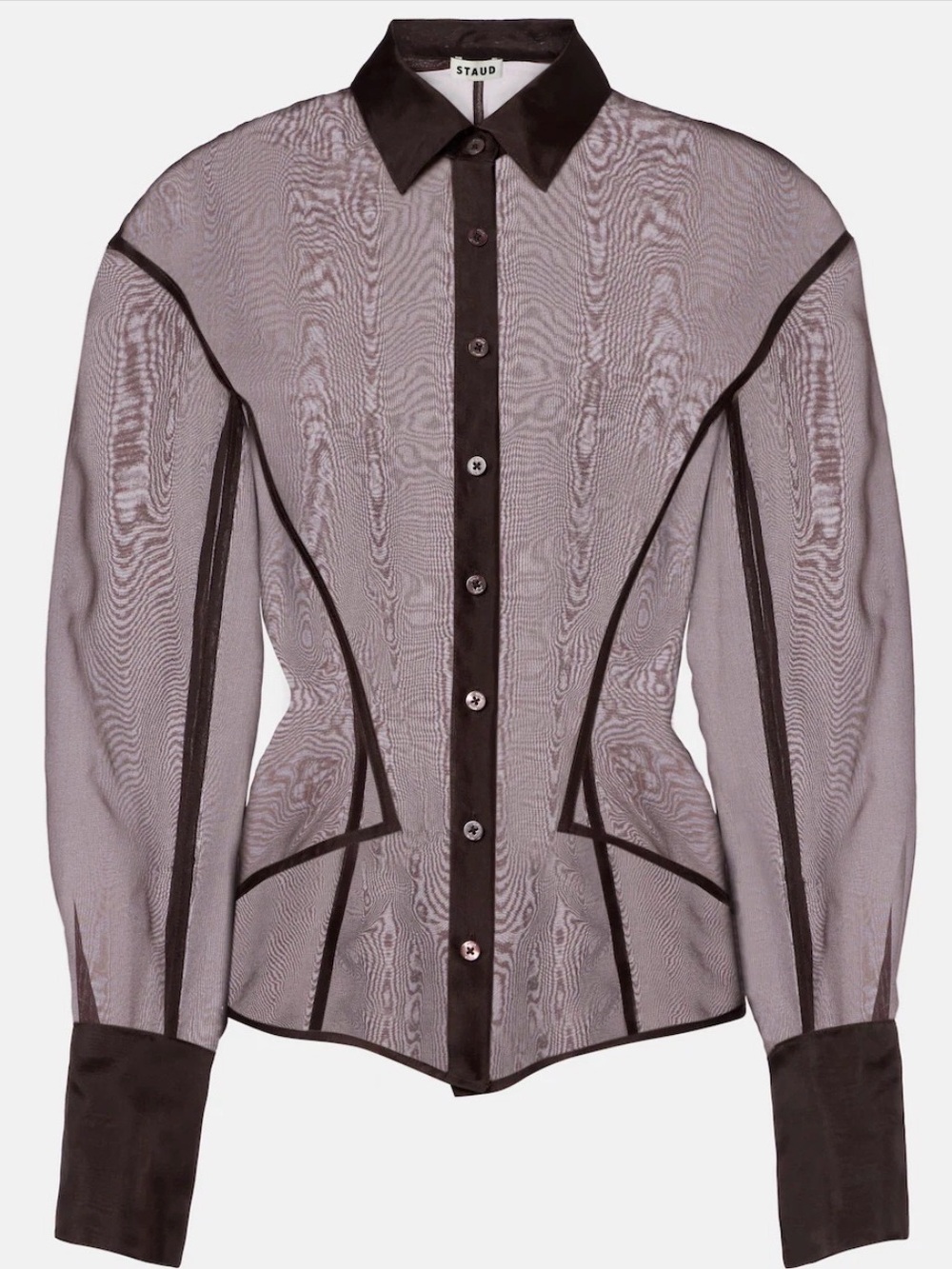 STAUD Aida Sheer Silk Organza Shirt, chocolate brown